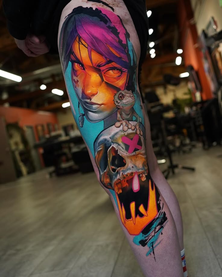 Neon Inferno – Girl, Skull & Gecko